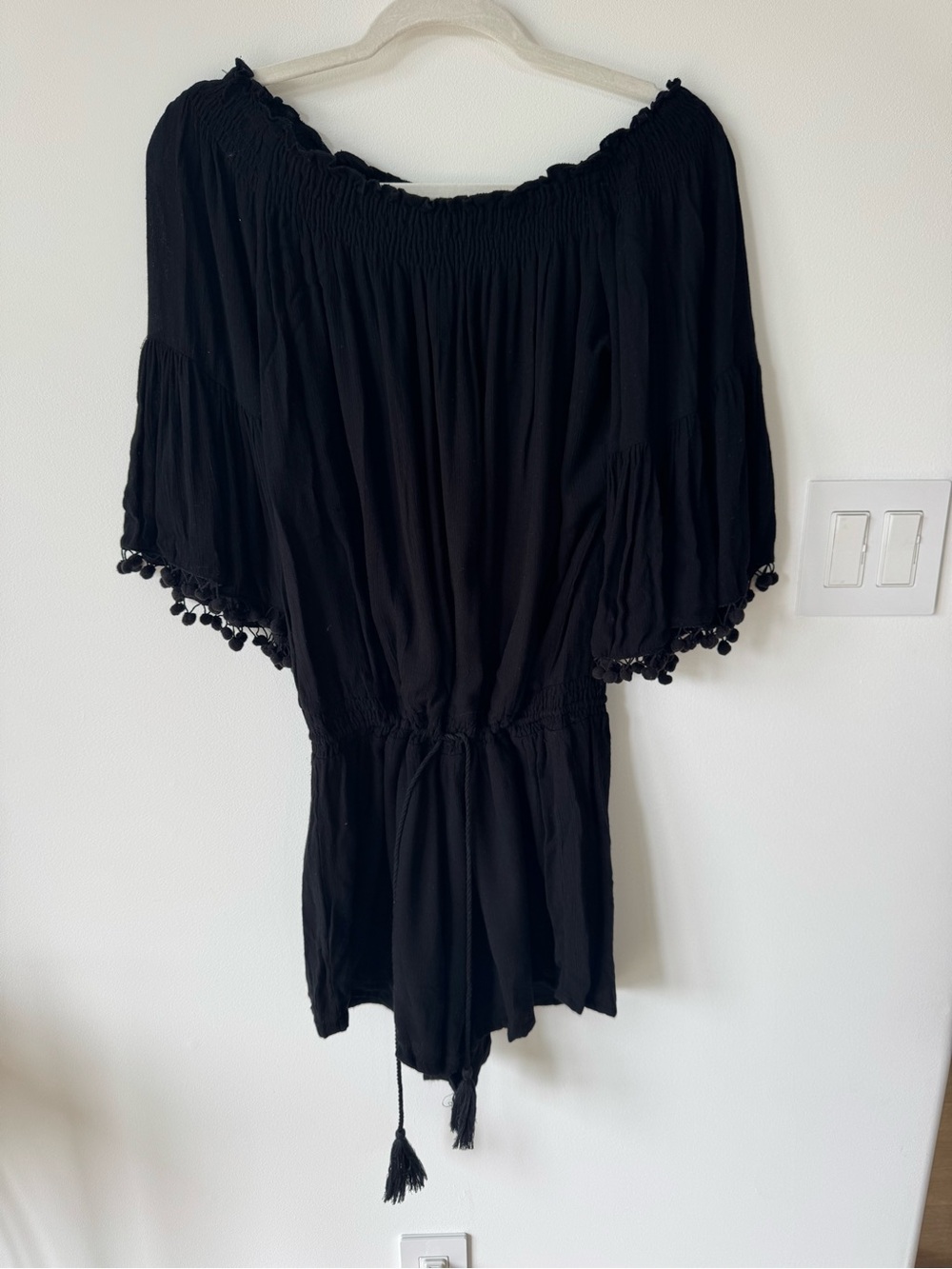 Anthropologie Black Off-Shoulder Romper with Pom Trim